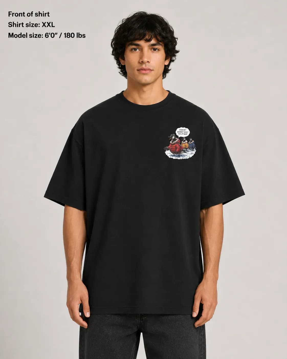 Front mockup of the black Built for minus 40 T-shirt with winter geese artwork on the chest